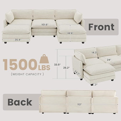 112'' Sectional Modular Cloud Couch, Oversized 5 Seat Couches U Shaped Sofa with 2 Movable Ottomans, 2 Throw Pillows, Upholstered Corduroy U Shape Comfy Deep Couches for Living Room and Office, Beige