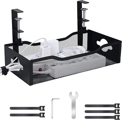 Large Under Desk Cable Management Tray - Heavy Duty Metal Cord Organizer with No Drill Installation for Office & Home Office Desks to Hide Wires & Power Strips (Black, XL)