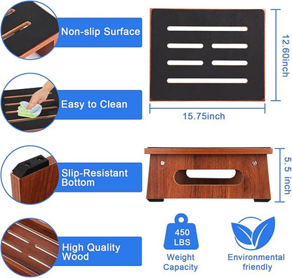 One Step Stool for Adults Seniors with Non-Slip Rubber Stepping Surface, Heavy Duty Wooden Step Stool with 450 LBS Capacity Bed Steps for High Beds, Bathroom, Bedroom, Kitchen & Kids Bedside Support