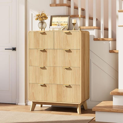 QUW Fluted Dresser for Bedroom with 5 Drawers, Modern 40.2" Tall Drawer Dressers with Metal Handle, Wooden Chest of Dresser for Living Room, Hallway, Natural Oak