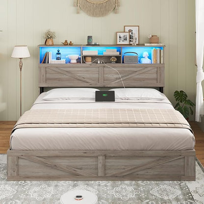 AOGLLATI Farmhouse Queen Bed Frame with 4 Storage Drawers and Led Lights, Wooden Bed Frame Queen Size with Hidden Space Bookcase Headboard and Led Lights & Metal Slats, Grey