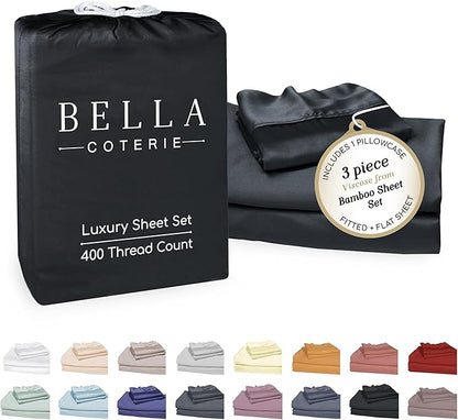 Bella Coterie Luxury Bamboo Viscose Twin Size Sheet Set | 100% Organically Grown | Ultra Soft | Cooling for Hot Sleepers | 18" Deep Pocket [Black]