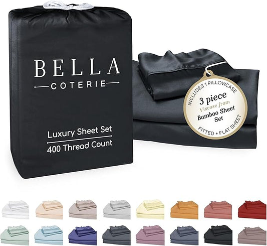 Bella Coterie Luxury Bamboo Viscose Twin XL Size Sheet Set | 100% Organically Grown | Ultra Soft | Cooling for Hot Sleepers | 18" Deep Pocket [Black]