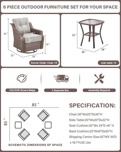 Belord Luxury 6-inch Thick Cushion Patio Furniture Set - Outdoor Swivel Rocker Glider Chairs Set of 4 with Glass Top Side Table, All-Weather Wicker Patio Conversation Set for Deck Balcony Sunroom