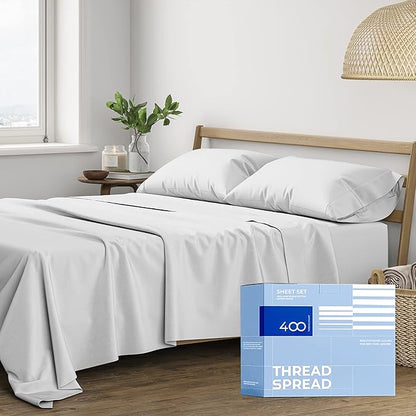 THREAD SPREAD Full Size Sheets Set Cotton - 400 Thread Count 4 PC 100% Cotton Full Size Sheet Sets, 16” Deep Pocket Full Size Sheets Set, Cooling Sheet Set, Luxury Hotel Sheets & Pillowcases (Silver)