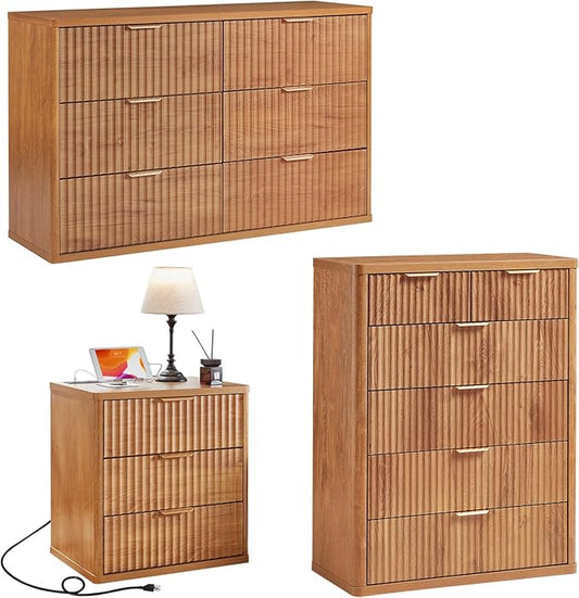 LEYAOYAO Fluted Dressers & Nightstand Set of 3, Wood 48" Wide Dresser & 42" Tall Chest of Drawers,Modern Bedroom Furniture Sets, Brown Wooden Nightstand with 3 Drawers & Charging Station