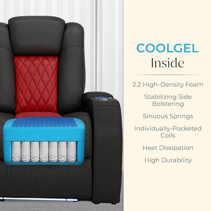 Seatcraft Diamante Zero-Gravity CoolZero Italian Leather Home Theater Seating, Power Headrest, Power Recline, Row of 5, Black/Red