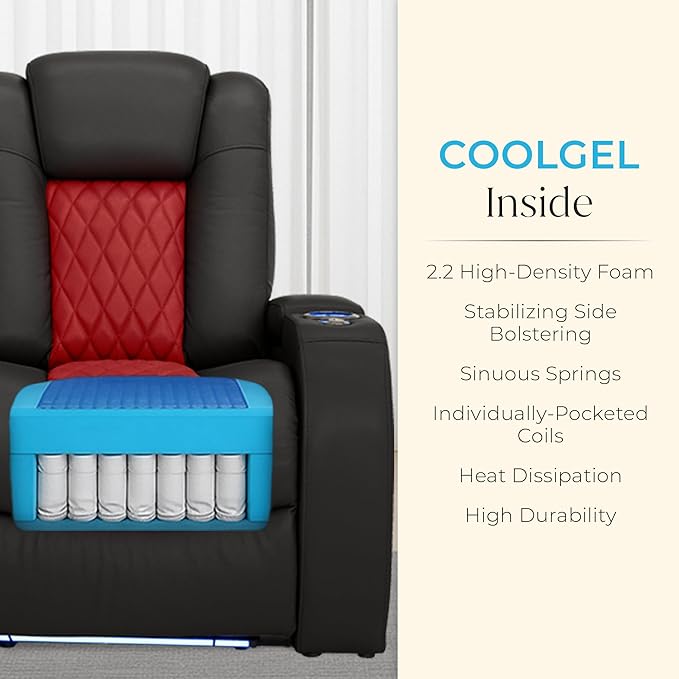 Seatcraft Diamante Zero-Gravity CoolZero Italian Leather Home Theater Seating, Power Headrest, Power Recline, Row of 5 Right Loveseat, Black/Red