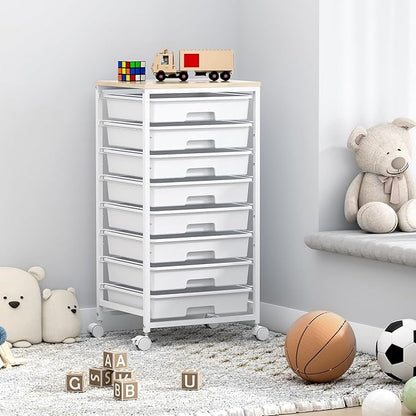 Rolling Storage Cart with Drawers,Utility Cart With 8 Drawers and Wooden Tabletop,Rolling Drawer Cart,Storage Drawer Cart for Living Room,Classroom,Bedroom,Bathroom,Dorm,Office,White