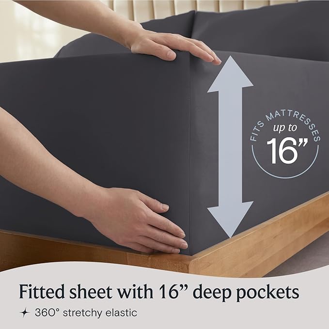 LuxClub 4 PC California King Sheet Set, Deep Pockets Wrinkle Free Cooling Bed Sheets Hotel Bedding for Women, Men, Includes 1 Fitted Sheet, 1 Flat Sheet and 2 Pillowcases-Dark Grey