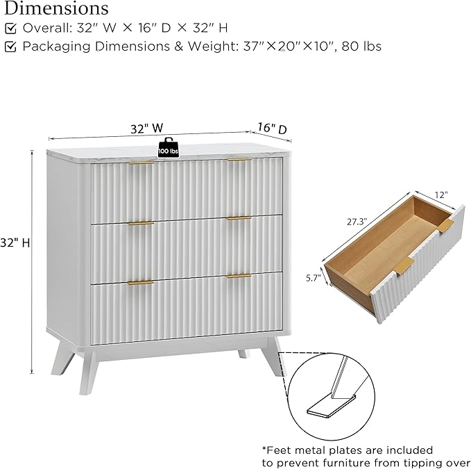 T4TREAM Fluted 3 Drawers Nightstand, Oversized Extra Large Modern Side Table with Faux Marble Top, End Table Bedside for Bedroom, Living Room, Curved Profile Design, Solid White