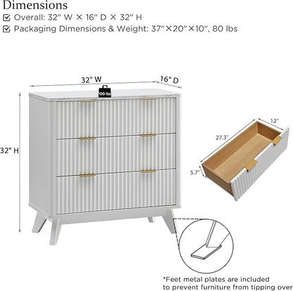 T4TREAM Fluted 3 Drawers Nightstand, Oversized Extra Large Modern Side Table with Faux Marble Top, End Table Bedside for Bedroom, Living Room, Curved Profile Design, Solid White