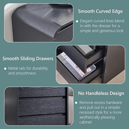 25" Tall Modern Nightstand with Charging Station, 23.6'' Wide Wood Bedside Table w/3 Storage Drawers, Small Dresser w/Curved Profile Design, End Table for Bedroom, Black