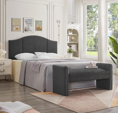 24KF Modern Upholstered Bed Bench Covered with Soft Boucle Teddy Fabric, Lovely Entryway Bench Ottoman with Armrest,5062-Dark Gray