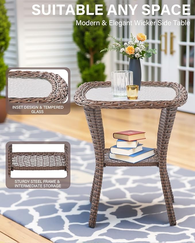 Belord 5 Piece Wicker Patio Furniture Set with Ottoman - High Back Outdoor Swivel Rocker Glider Chairs with Glass Top Side Table,28D High-Density 6" Removable Blue Cushion for Deck Porch Backyard
