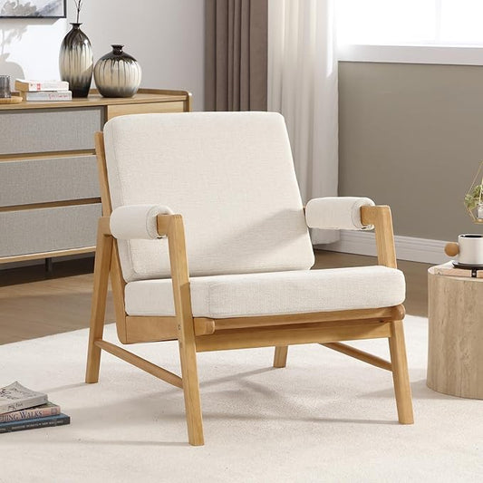HEAH-YO Modern Accent Chair, Upholstered Linen Fabric Living Room Chair with Wooden Frame, Comfy Armchair with Thick Cushion for Bedroom Balcony, Beige