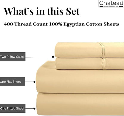 CHATEAU HOME COLLECTION 400 Thread Count Cotton Bed Sheets King Size, 15" Deep Pocket King Sheet Set, 4 Piece Naturally Cool Soft Sateen Weave Machine Washable Fully Elasticated- Semolina