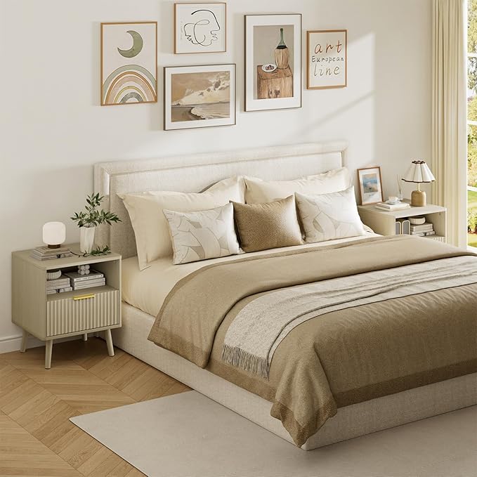 LYNSOM Fluted Dresser and Nightstand Sets 3 Piece, 9-Drawers Dresser and 1-Drawer Nightstands Set of 2, Wood Bedroom Furniture Set for Home, Bedroom, Hallway, Beige