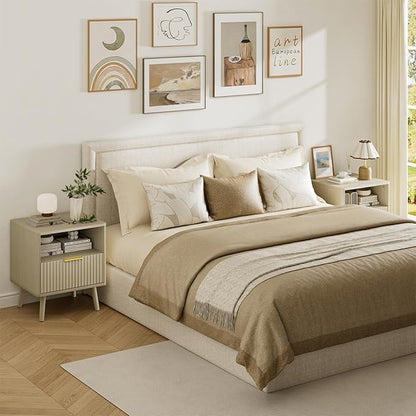 LYNSOM Fluted Dresser and Nightstand Sets 3 Piece, 9-Drawers Dresser and 1-Drawer Nightstands Set of 2, Wood Bedroom Furniture Set for Home, Bedroom, Hallway, Beige