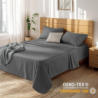 LBRO2M 100% Cotton Sheets Set Deep Pocket 19", 1000 Thread Count Queen Size 4 Piece Bed Sheet Sets Soft Comfortable Bedding All Season (Queen, Dark Grey)