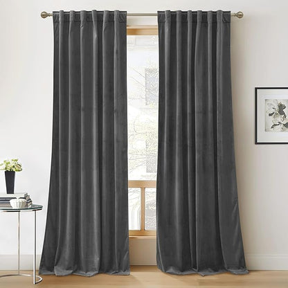 RYB Home Back Tabs Velvet Curtains for Living Room 108 inches - Classic Grey Window Drapes Room Darkening Thermal Insulated Panels for Bedroom Home Office, W52 x L108 inches, 2 Pieces