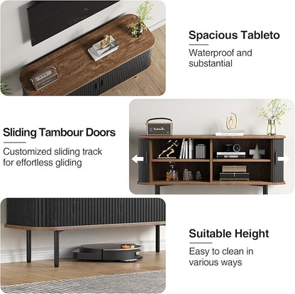 47''W Black Cabinet with Storage, Media Console, Tambour TV Stand, Television Stands with Curvy Edge; Sliding Door, Fluted Cabinet, Buffet Sideboard, Credenza, Table Stand for Living Room, Kitchen