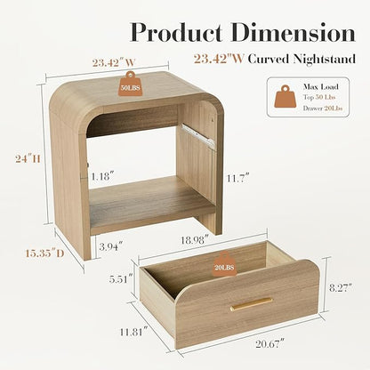Night Stand [Unique Curved Profile] [FSC-Certified Wooden Board] 1-Drawer and 1 Storage Shelf Nightstand 24" H Metal Handle Modern Bedside Table Side Table End Table