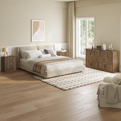 7 Drawer Dresser & Nightstand Set 3-Piece, 55” Wide Bedroom Dresser and Night Stand Set of 2 with Metal Handle, Fluted Modern Wood Chest of Drawers Storage Dressers Set for Bedroom, Walnut
