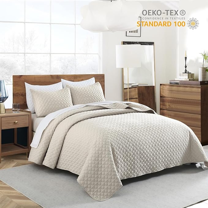 HORIMOTE HOME Quilt Set Queen Size Beige Bedspread, Modern Style Quilted Clouds Pattern Soft Coverlet Set Lightweight Microfiber for All Season, 3 Pieces Includes 1 Quilt and 2 Pillow Sham