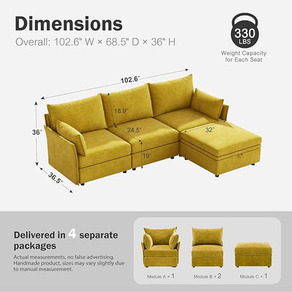 ABCASA 102.6" Modular Sectional Sofa, L Shaped Couch Set for Living Room, 3-Seater Comfy Cloud Couches with Movable Storage Ottoman,DIY Combination - Chenille Yellow