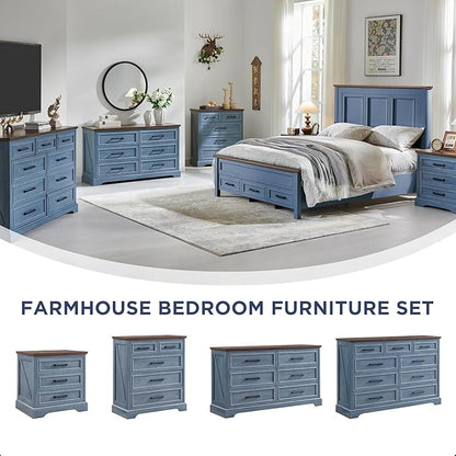 JXQTLINGMU Farmhouse 6 Drawers Dresser for Bedroom, 52'' Wide Large Wood Dressers with Bar Handles, Chests of Drawers with Storage Dressers Organizer for Bedroom, Hallway, Blue