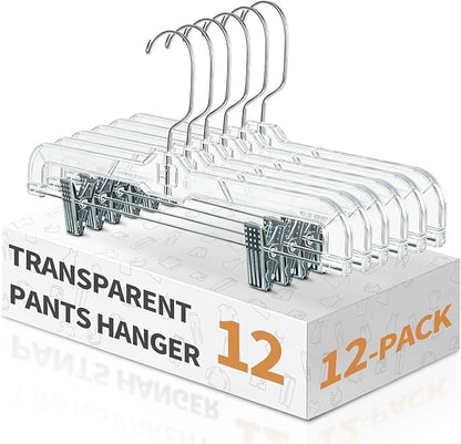 12 Pack Premium Clear Pants Hangers, Plastic Hangers with Adjustable Clips Non-Slip Clip 360° Swivel Hook for Pants, Trousers
