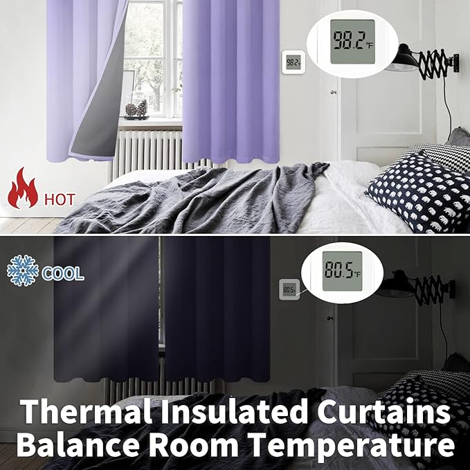 BGment Thermal Insulated 100% Blackout Curtains for Bedroom with Black Liner, Double Layer Full Room Darkening Noise Reducing Grommet Curtain (52 x 54 Inch, Lavender, 2 Panels)