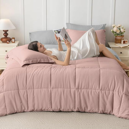 JOLLYVOGUE Twin XL Comforter Set, Ultra-Soft Bed in a Bag Twin XL Size 5 Pieces, Oeko-TEX Certified Bedding Set with Down Alternative Comforter, Sheets, Pillowcases & Shams, Pink & Light Grey