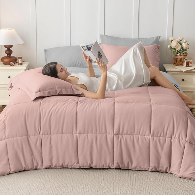 JOLLYVOGUE California King Comforter Set, Ultra-Soft Bed in a Bag Cal King Size 7 Pieces, Oeko-TEX Certified Bedding Set With Down Alternative Comforter, Sheets, Pillowcases & Shams, Pink & Light Grey