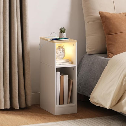 Narrow Nightstand, Slim End Table with Charging Station and LED Sensor Light, Modern Side Table, Bedside Table, for Small Spaces, Living Room, Bedroom, Natural and White ETNW30E01