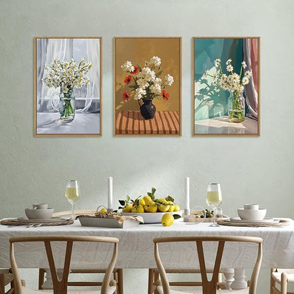 LHIUEM Large Vintage Botanical Floral Framed Canvas Wall Art,Boho White Daisy Vase Wall Decor,Modern Flower Sunshine Prints,Rustic Wildflower Artwork for Living Room,Bedroom,Dining Room,Office -24"x36"x3