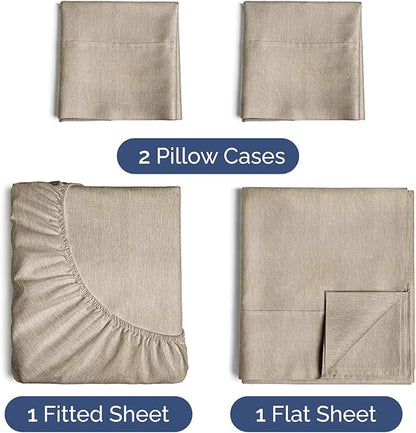 Twin XL 4 Piece Sheet Set - Cooling & Breathable - Hotel Luxury Bedding, Includes Fitted Sheet for Women, Men, Kids & Teens - 1 Flat, 1 Fitted Sheet, 2 Pillowcases w/Deep Pockets - Heathered Beige