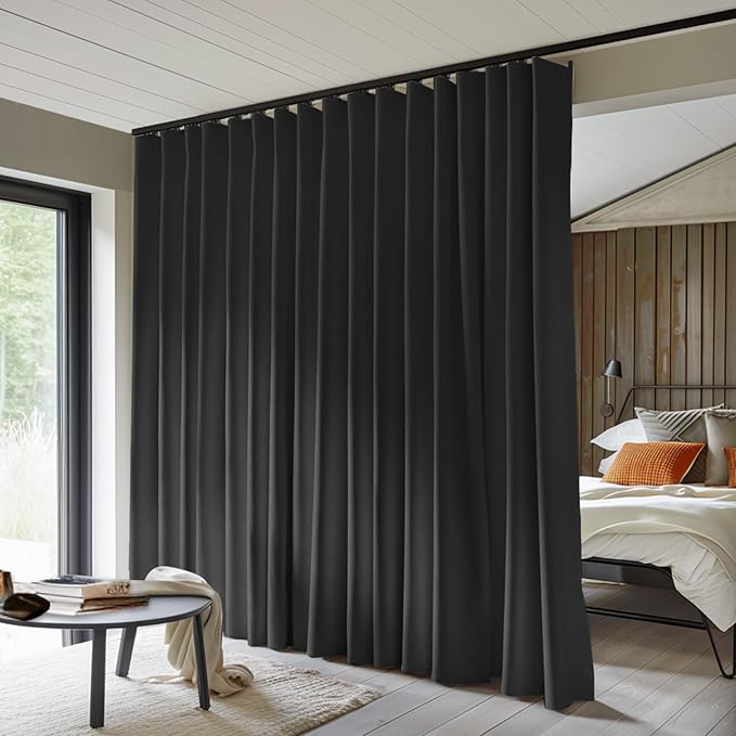 Room Divider Curtains Total Blackout Privacy Curtain Panel Room Thermal Insulated Noise Reduction Curtains for Bedroom Window Living Room Ceiling Track Curtain W 15 ft × H 7 ft Black
