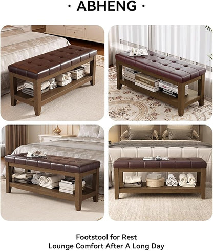 Solid Rubber Wood Shoe Bench, Easy-Clean PU Upholstered Seat, 770LB Load, Space-Saving Storage for Entryway/Living Room, Easy Assembly, Vintage Style, 43.3"x15.7"x17.7", Brown, UASND65R