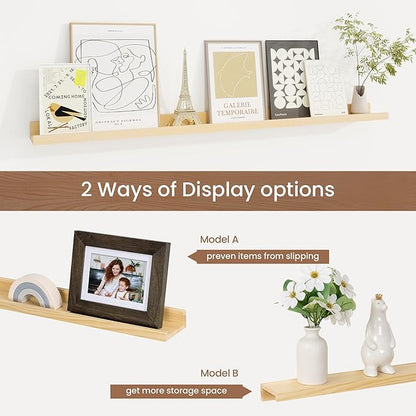 Picture Ledge Shelf, Floating Shelves Set of 2, 40 Inches Solid Wood Nursery Book Shelves for Toys Storage, Kids Bookshelf Wall Mounted for Living Room Decor Books Photo Frames, Unfinished Natural