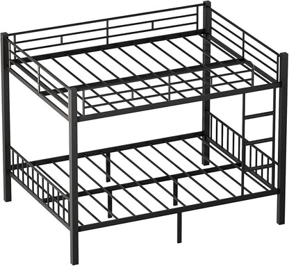 Queen Over Queen Bunk Bed for Adults & Teens, Heavy Duty Metal Bunk Bed with EVA Anti-Slip Ladder & Full-Length Guardrails, Noise-Free Queen Bunk Bed Frame with Under-Bed Storage, Black