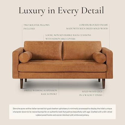 POLY & BARK Napa 72" Leather Sofa – Full-Grain Italian-Tanned Aniline Leather, Feather-Down Comfort, Solid Wood Frame, Walnut Legs, Cognac Tan
