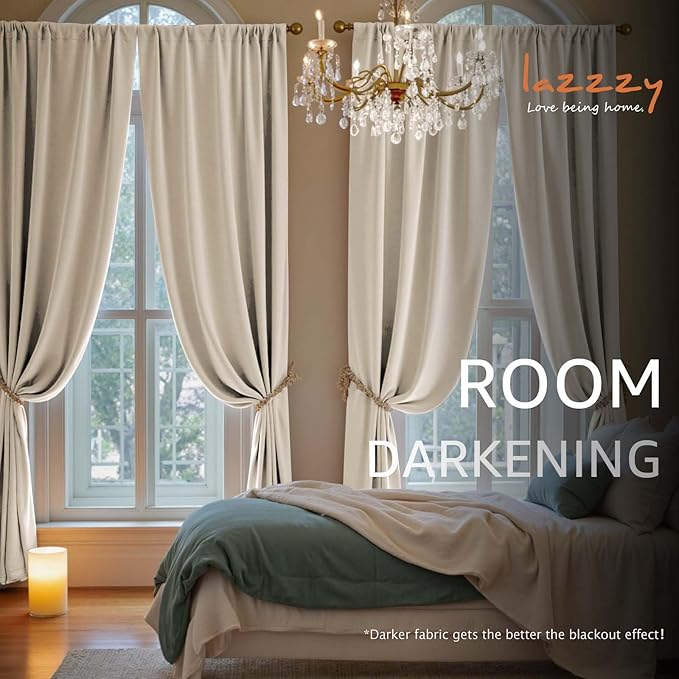 Lazzzy Velvet Blackout Curtains Thermal Insulated Room Window Drapes Super Soft Luxury Curtains for Living Room Bedroom Rod Pocket 2 Panels, Beige, 52" W x 90" L