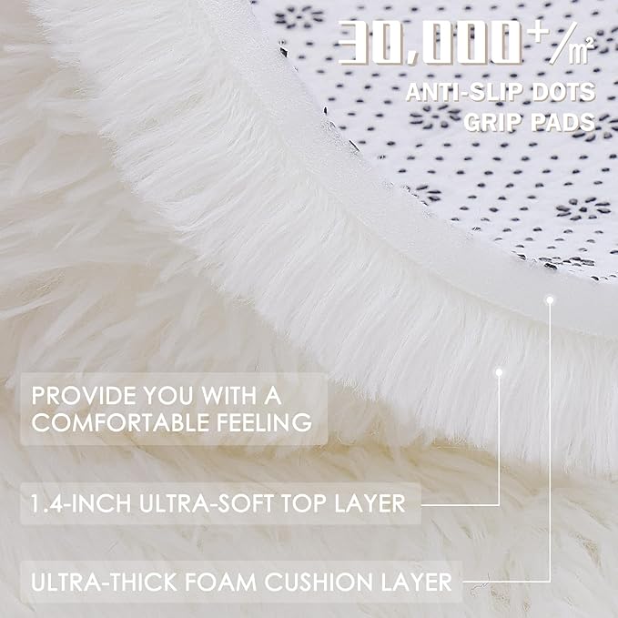 OLANLY Ivory Round Rugs for Bedroom - Machine Washable, 4 ft Circle Area Rugs for Living Room, Soft and Fluffy Shaggy Carpet for Teen Girls and Boys, Nursery Rooms, Dorms, Home Decor Aesthetic