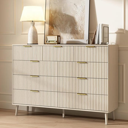 CARPETNAL Fluted 9 Drawer Dresser for Bedroom, 55" Wide Wooden Chest of Drawers with Rounded Corners, Gold Handles, Modern Storage Organizer for Bedroom, Hallway (Beige)