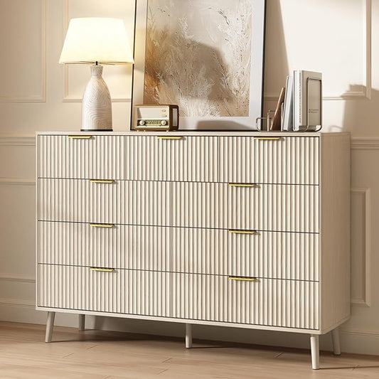 CARPETNAL Fluted 9 Drawer Dresser for Bedroom, 55" Wide Wooden Chest of Drawers with Rounded Corners, Gold Handles, Modern Storage Organizer for Bedroom, Hallway (Beige)