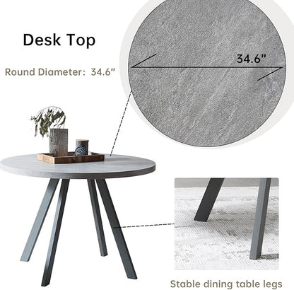 34.6'' Round Dining Table and Chairs for 4, Mid Century Modern Round Table Set, Space Saving for Apartment Kitchen Dining Room (Grey Table+4 White Chairs)