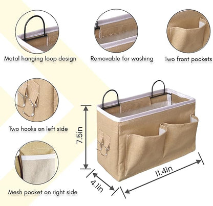 Kanrichu 3pcs Middle Wall Hanging Organizer Bag, Linen Fabric Door Hanging Storage Basket with Pockets, Waterproof Bin for Kitchen, Bedroom, Office, RV Camper (Khaki)
