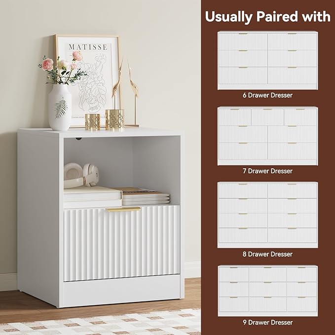 8 Drawer Dresser & Nightstand Set 3-Piece, 55” Wide Bedroom Set Night Stand Set of 2 with Metal Handle, Fluted Modern Wood Chest of Drawers Storage Dressers Set for Bedroom, White